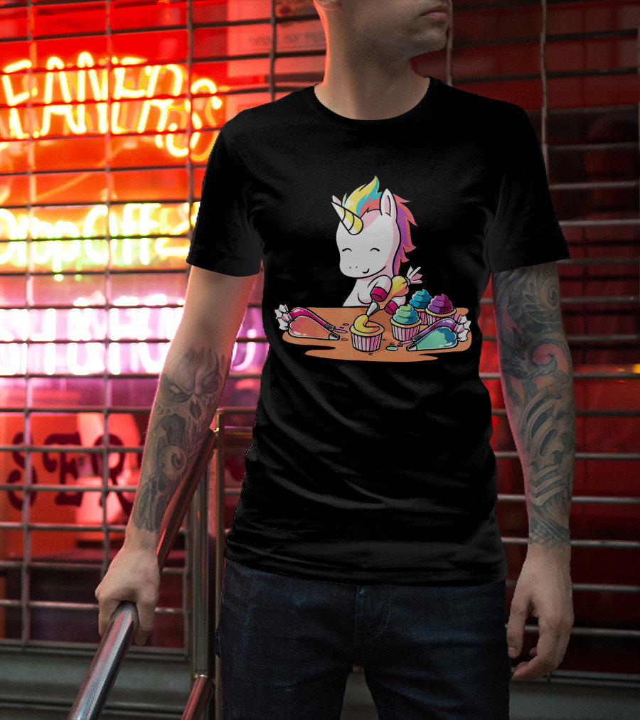 Unicorn Decorating Colorful Cupcakes With Rainbow Frosting T-Shirt