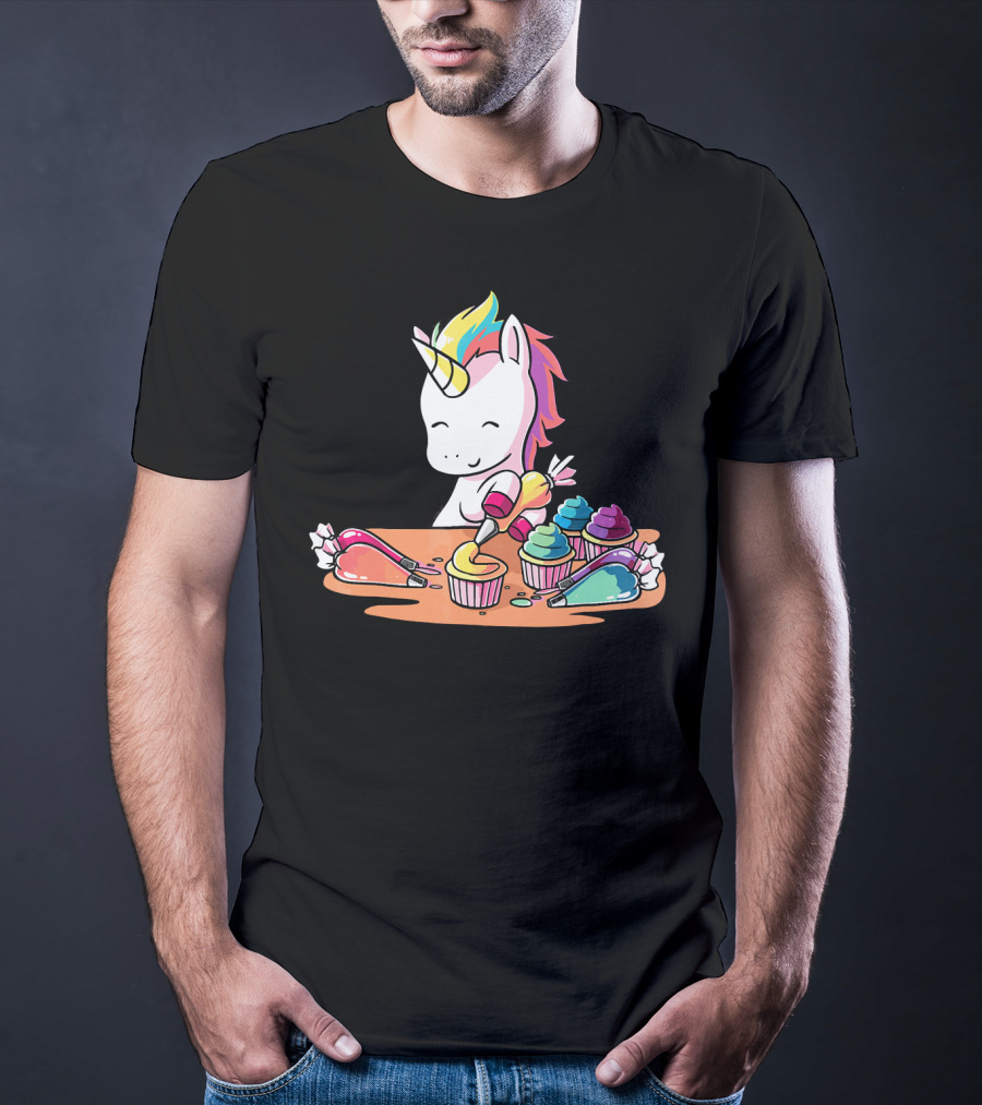 Unicorn Decorating Colorful Cupcakes With Rainbow Frosting T-Shirt