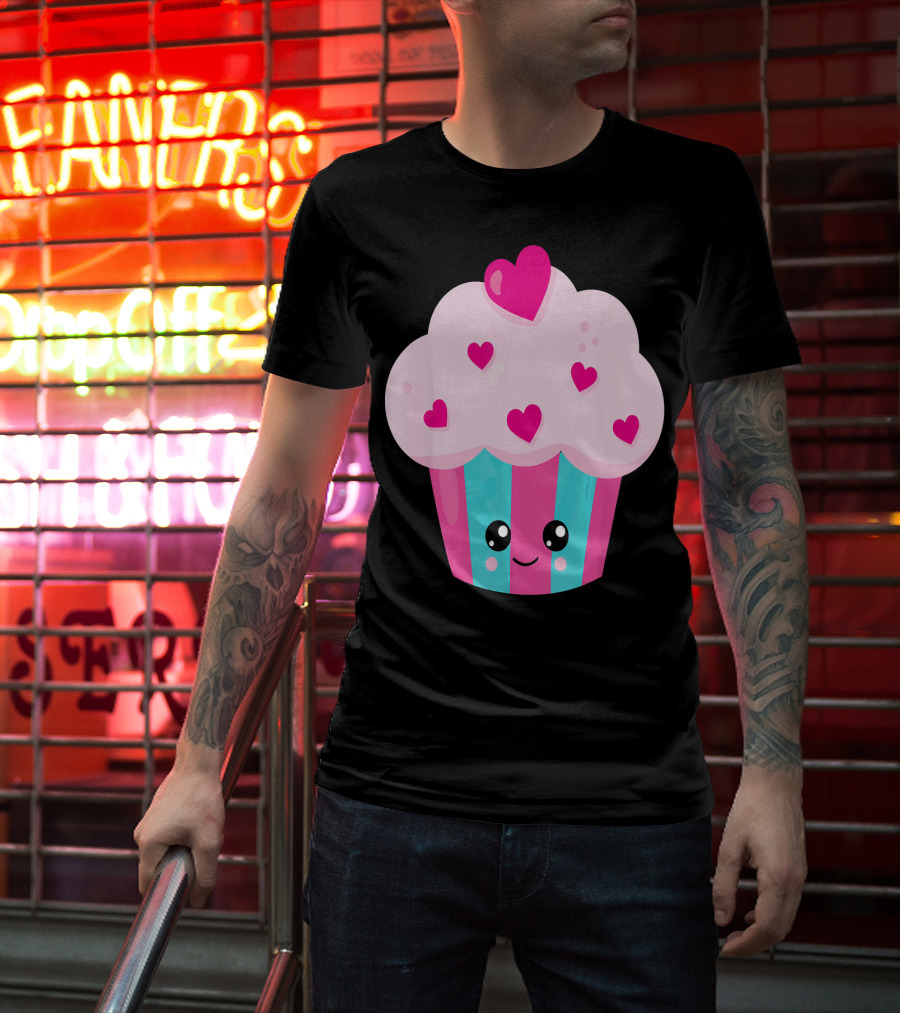Kawaii Pink Hearts Cupcake With Cute Happy Face T-Shirt