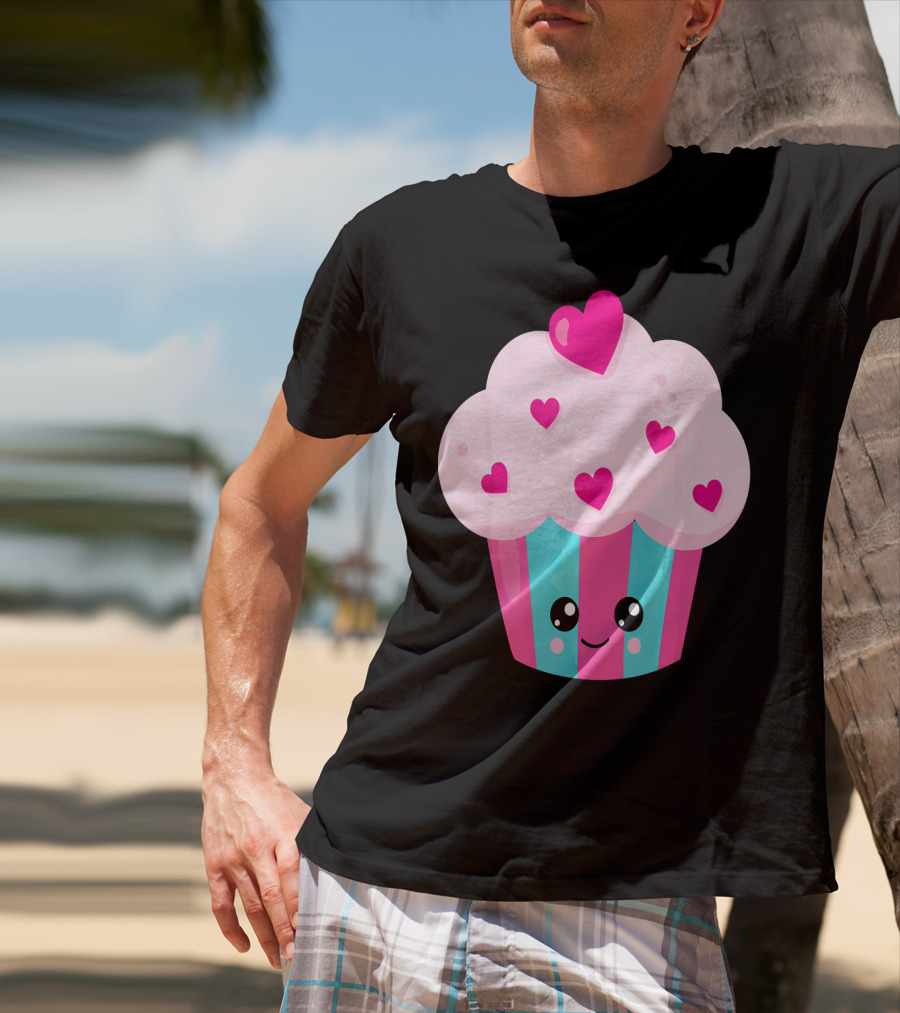 Kawaii Pink Hearts Cupcake With Cute Happy Face T-Shirt