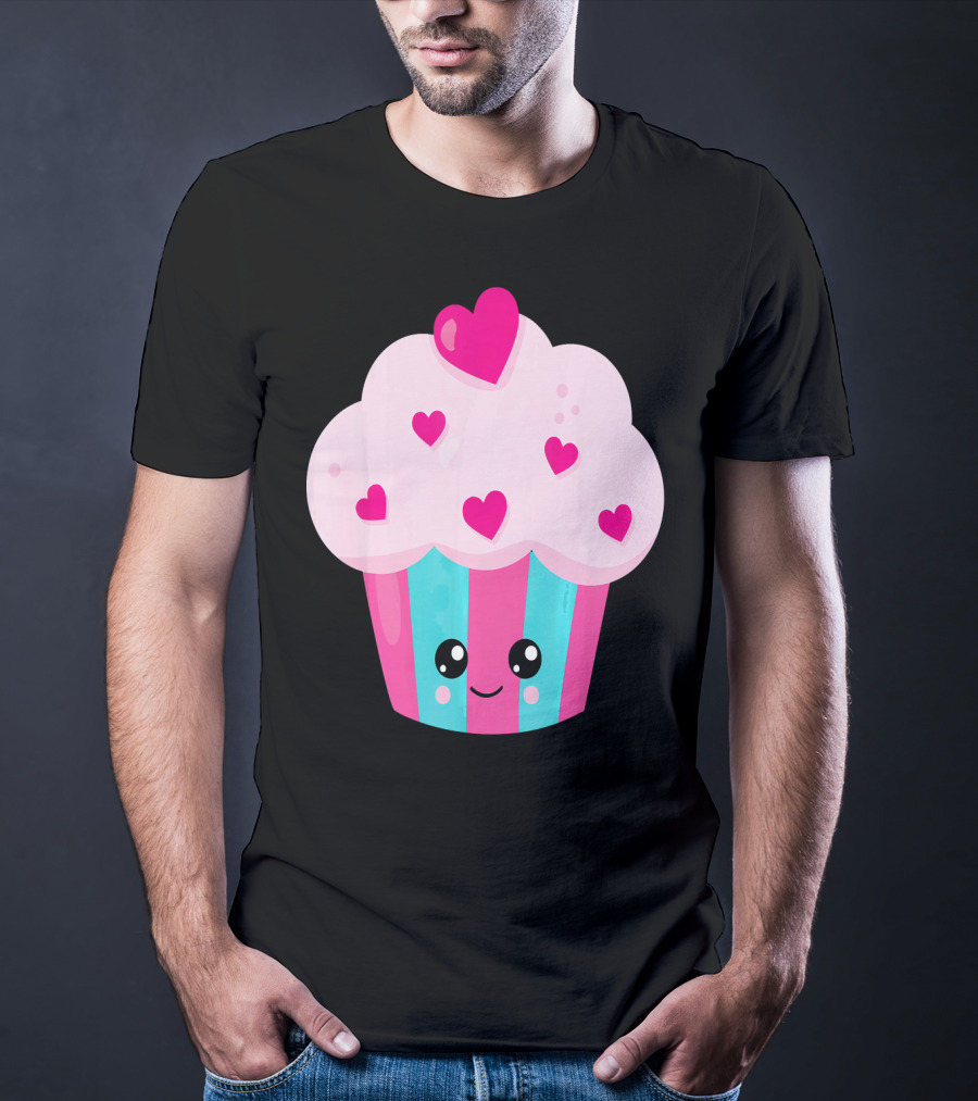 Kawaii Pink Hearts Cupcake With Cute Happy Face T-Shirt