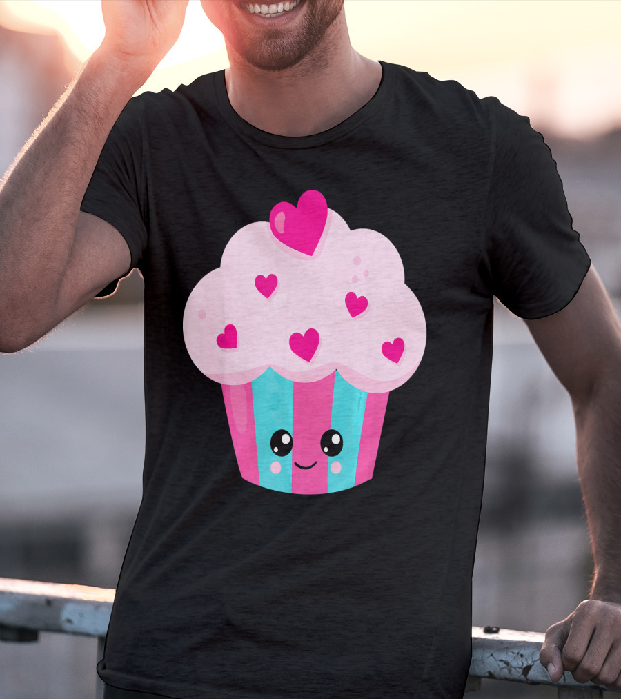 Kawaii Pink Hearts Cupcake With Cute Happy Face T-Shirt