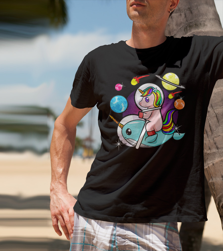 Unicorn Riding Narwhal Space Adventure With Planets And Astronaut Helmet T-Shirt