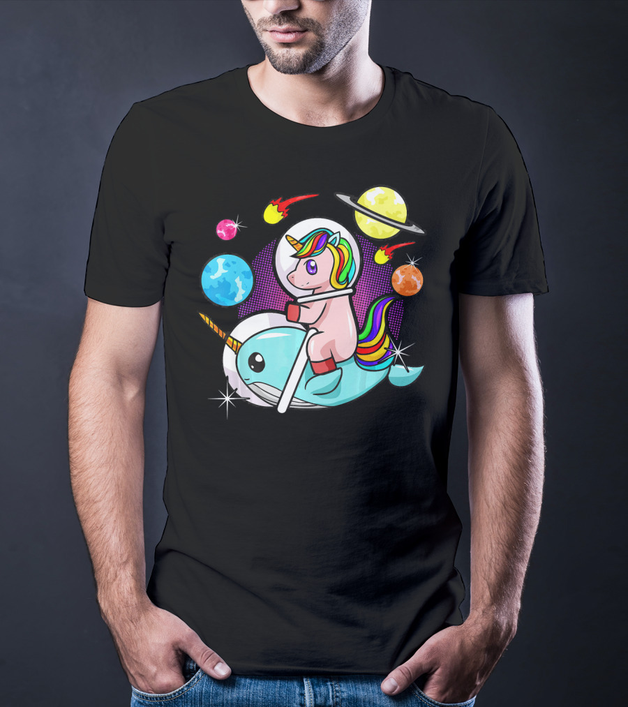 Unicorn Riding Narwhal Space Adventure With Planets And Astronaut Helmet T-Shirt