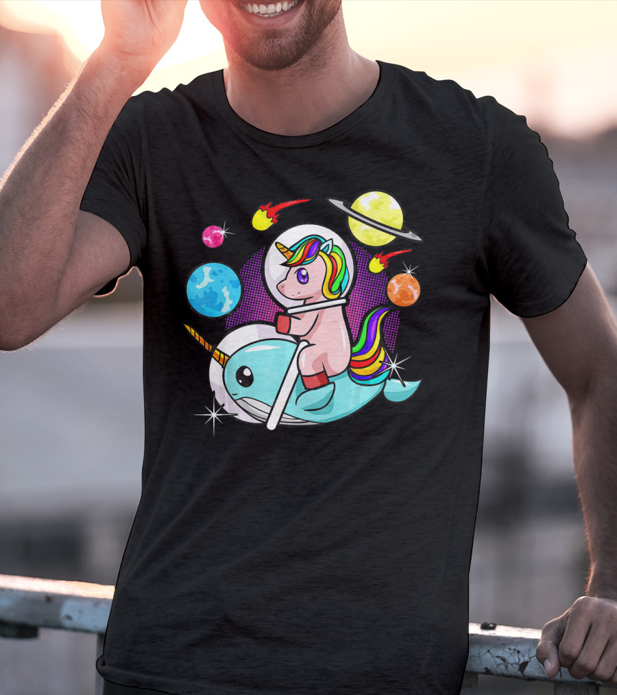 Unicorn Riding Narwhal Space Adventure With Planets And Astronaut Helmet T-Shirt