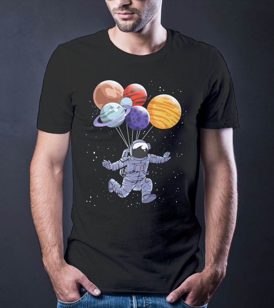 Astronaut Floating With Planet Balloons In Space Boys T-Shirt