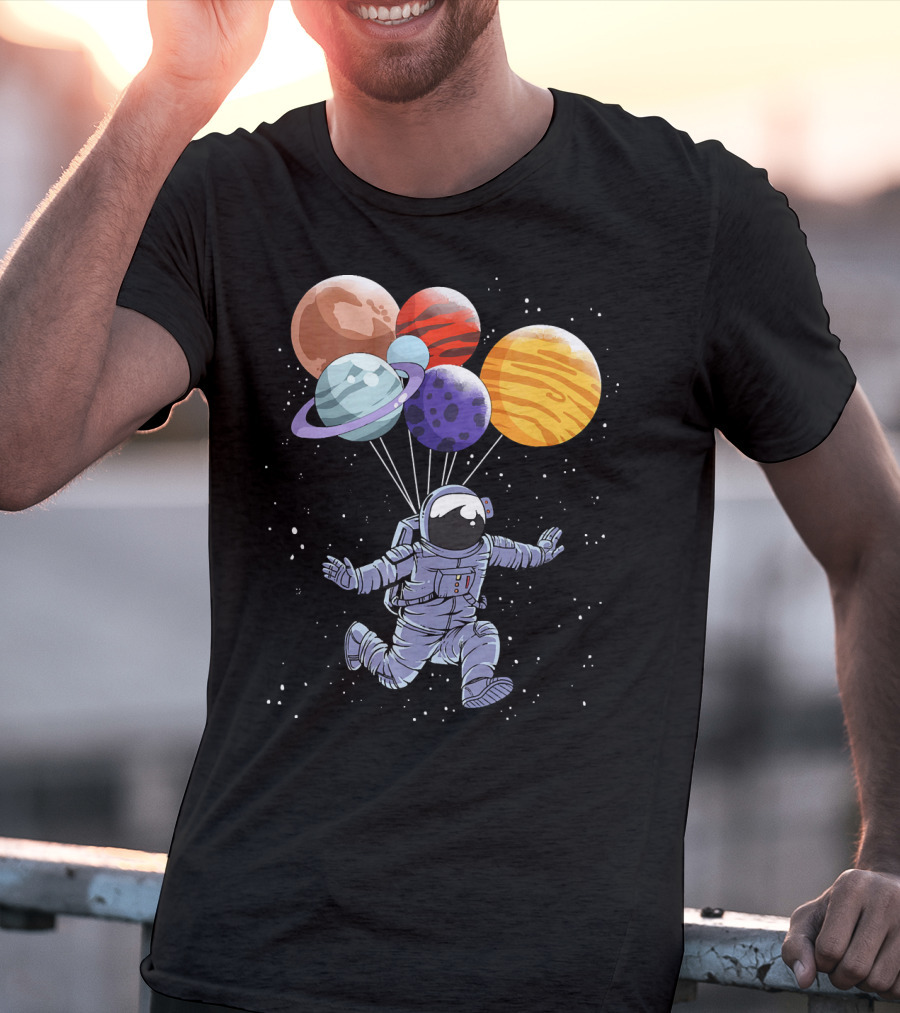 Astronaut Floating With Planet Balloons In Space Boys T-Shirt