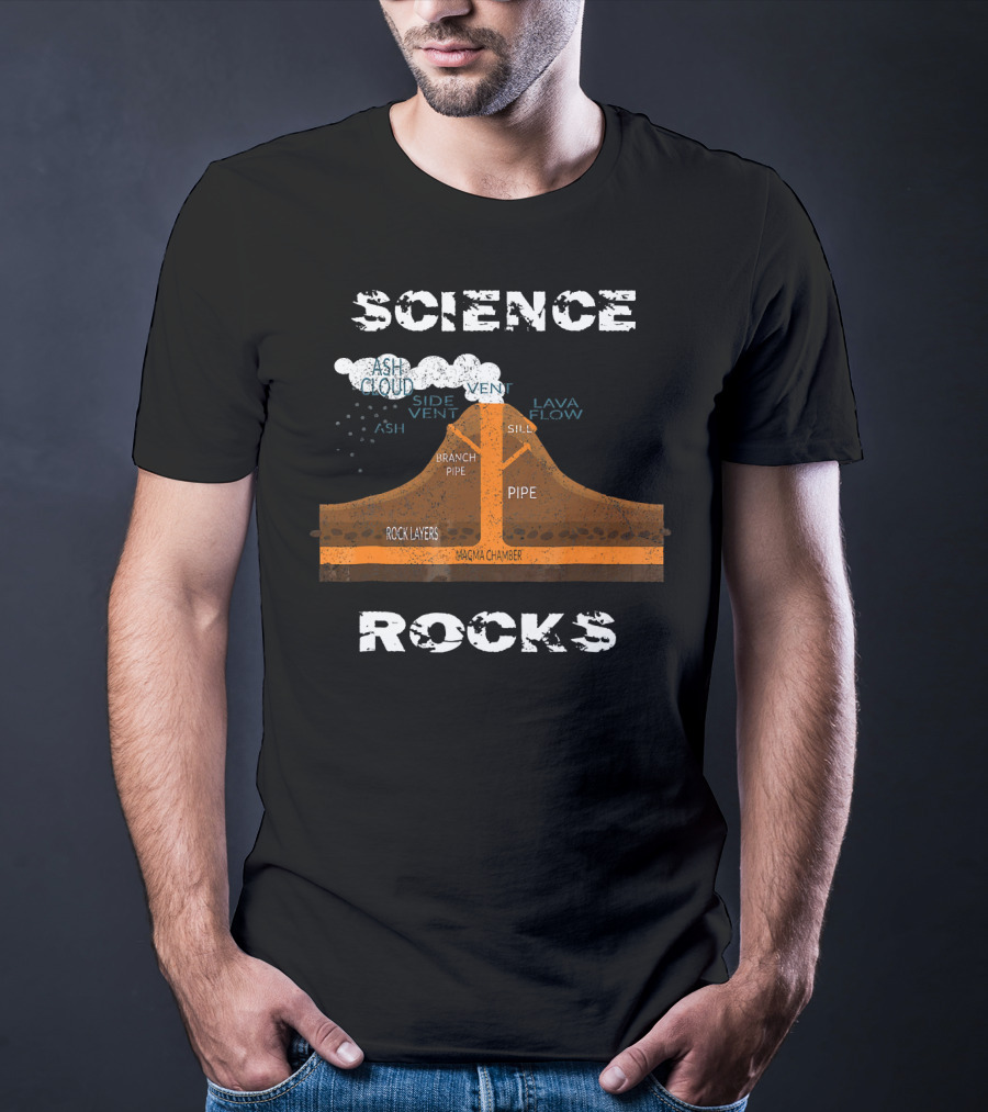 Science Rocks Distressed Volcano Diagram With Ash Cloud And Magma Chamber T-Shirt