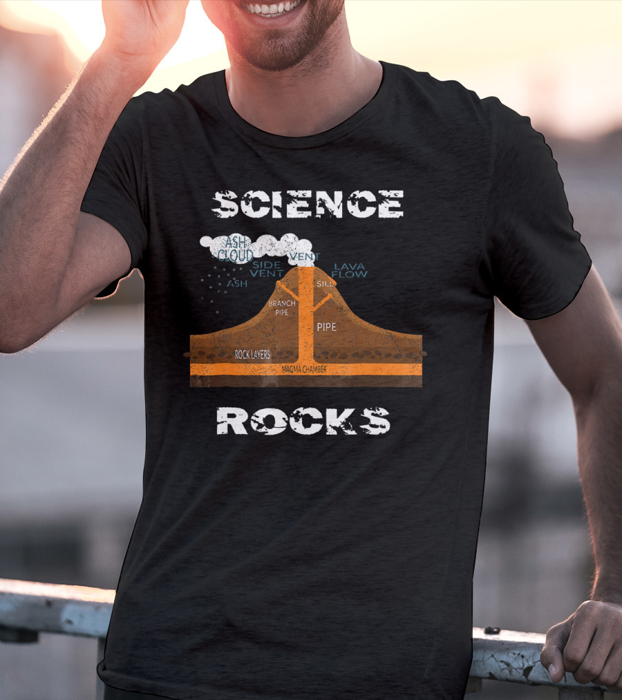 Science Rocks Distressed Volcano Diagram With Ash Cloud And Magma Chamber T-Shirt