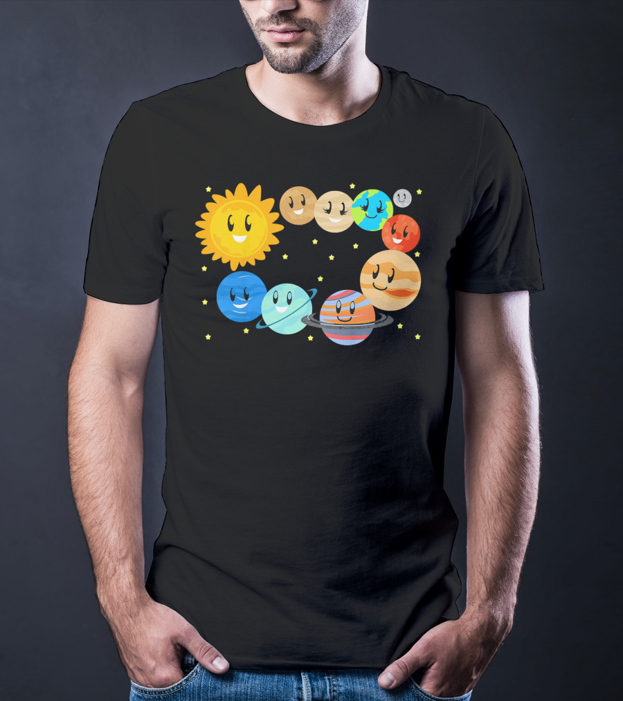 Kids Solar System Science Planets Learning Smiling Sun And Stars T-Shirt