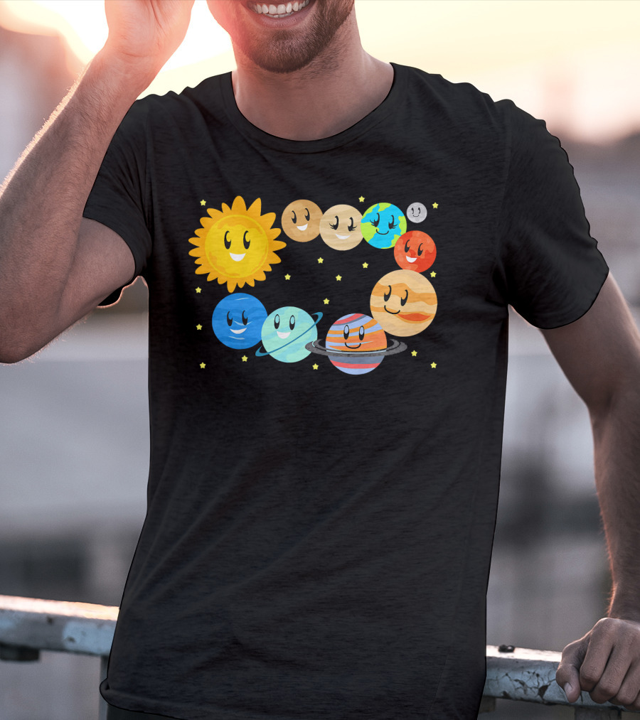 Kids Solar System Science Planets Learning Smiling Sun And Stars T-Shirt