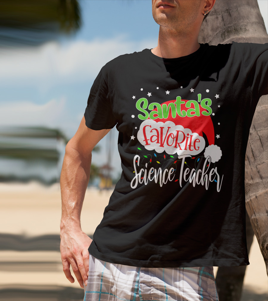 Santa's Favorite Science Teacher Christmas Hat Lights T-Shirt