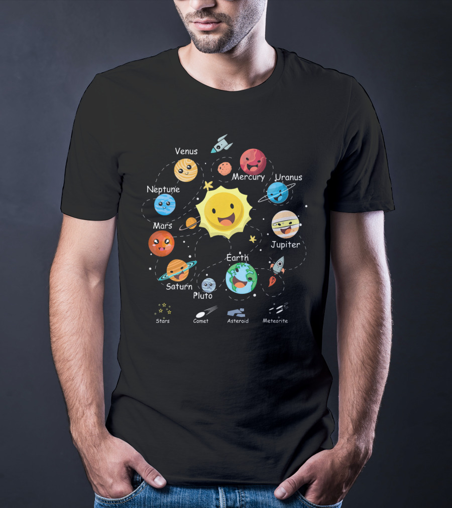 Funny Planets Solar System With Cute Sun And Space Objects T-Shirt