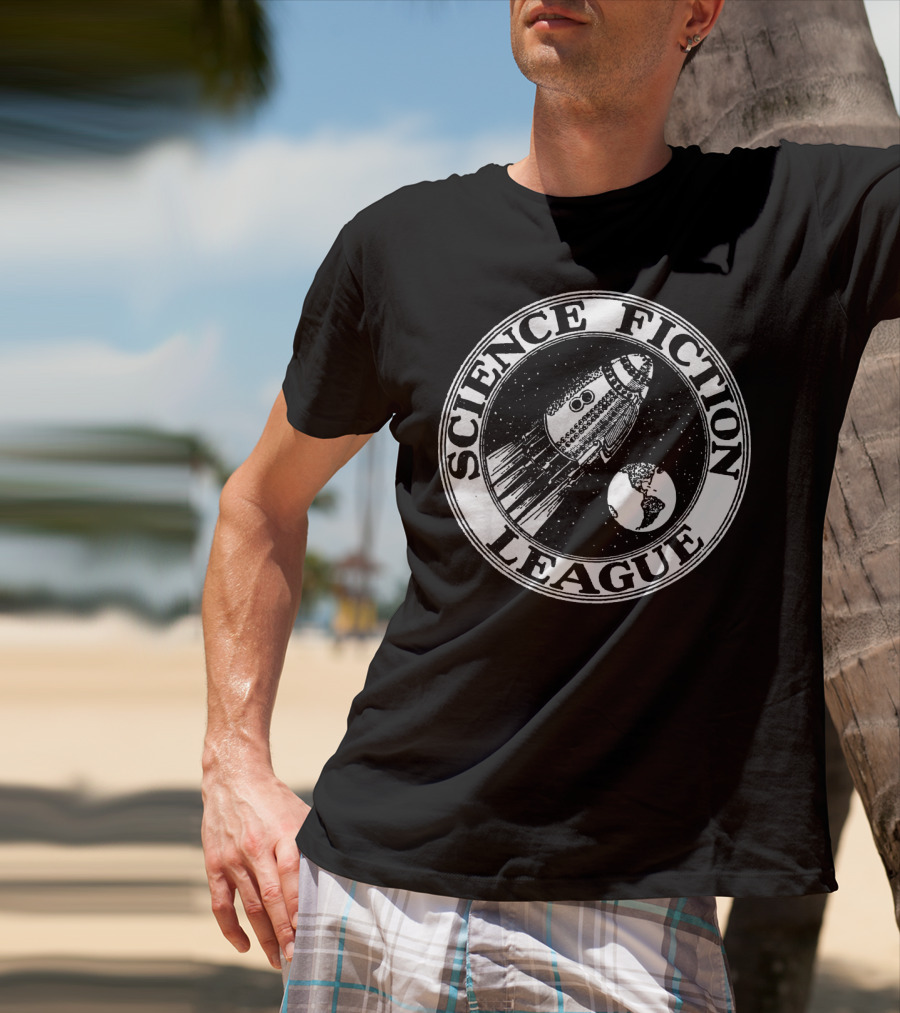 Science Fiction League 1930s Rocket And Earth Emblem T-Shirt