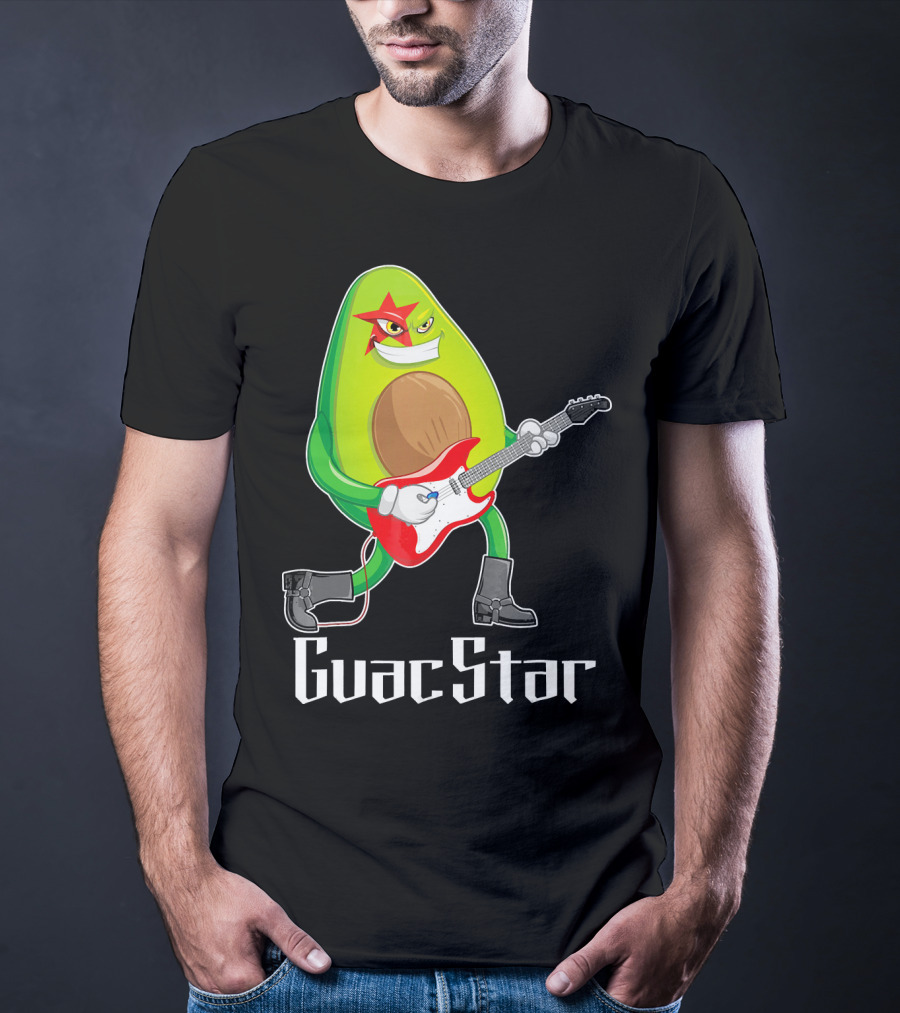 Guac Star Avocado Rock Star Playing Guitar With Red Boots T-Shirt
