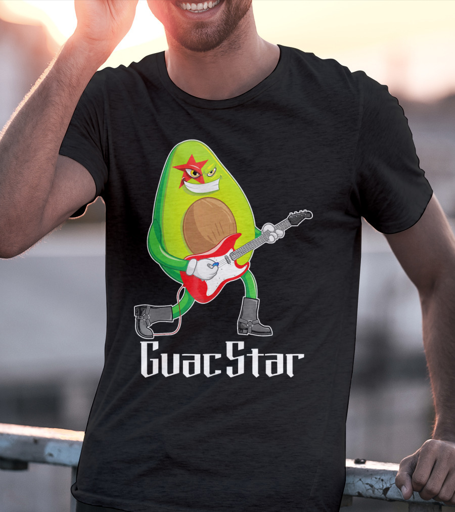 Guac Star Avocado Rock Star Playing Guitar With Red Boots T-Shirt