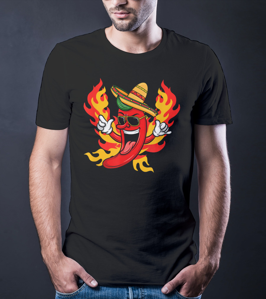 Cool Peppers Hot And Spicy Chili Flame Sombrero Party T-Shirt