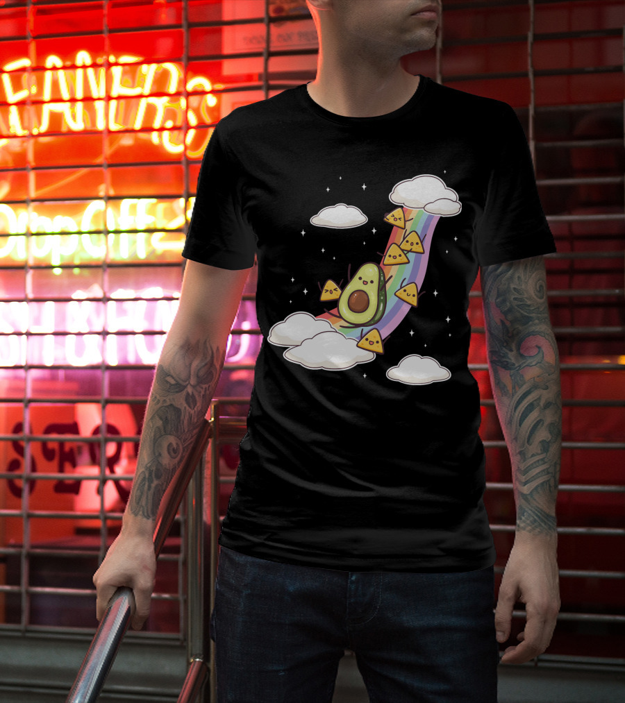 Avocado Nachos Riding A Rainbow With Clouds And Stars Guacamole Fun T-Shirt