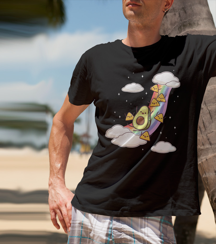 Avocado Nachos Riding A Rainbow With Clouds And Stars Guacamole Fun T-Shirt