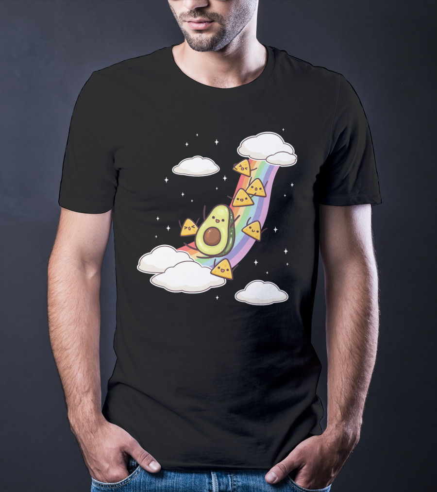 Avocado Nachos Riding A Rainbow With Clouds And Stars Guacamole Fun T-Shirt