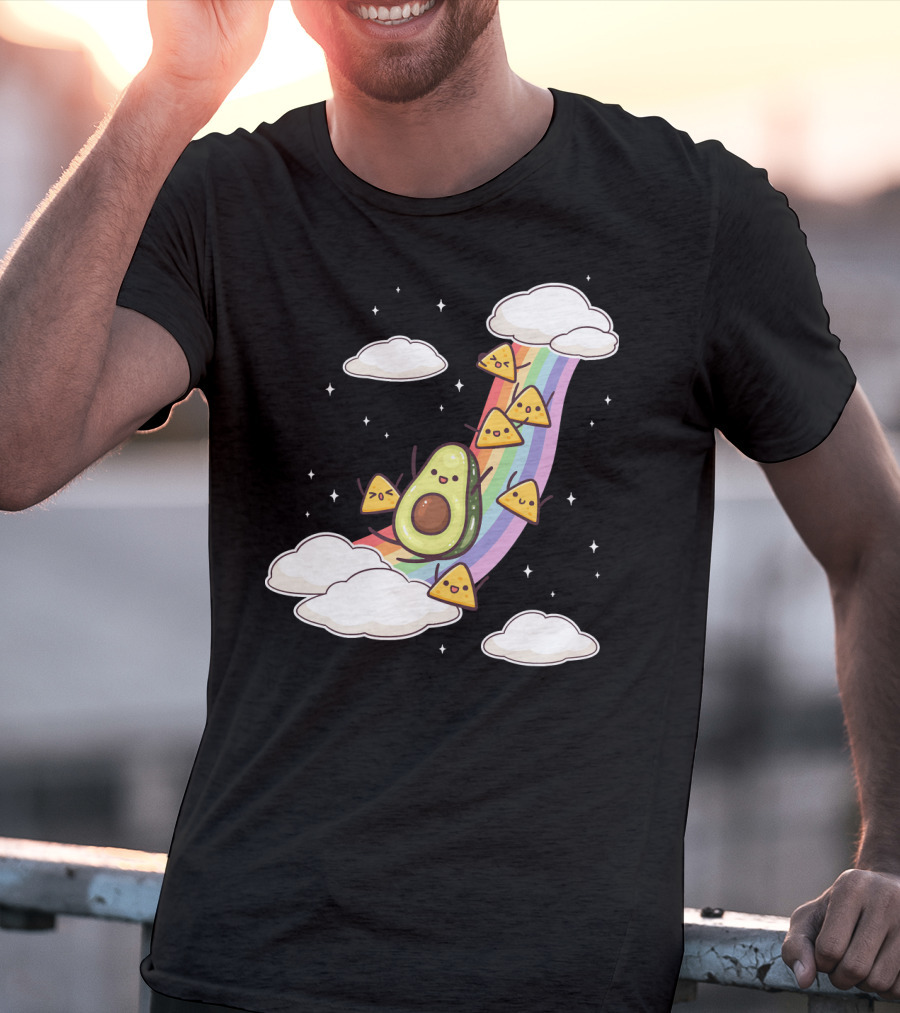Avocado Nachos Riding A Rainbow With Clouds And Stars Guacamole Fun T-Shirt