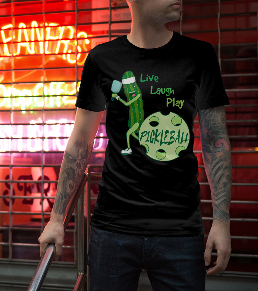 Live Laugh Play Pickleball Funny Sports Pickle Character Paddle T-Shirt