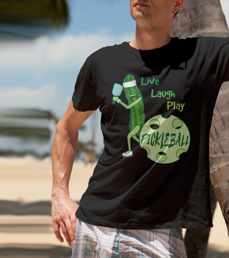 Live Laugh Play Pickleball Funny Sports Pickle Character Paddle T-Shirt