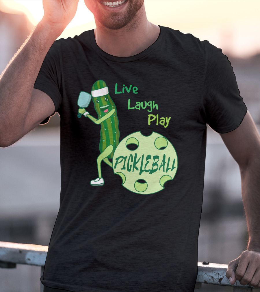 Live Laugh Play Pickleball Funny Sports Pickle Character Paddle T-Shirt