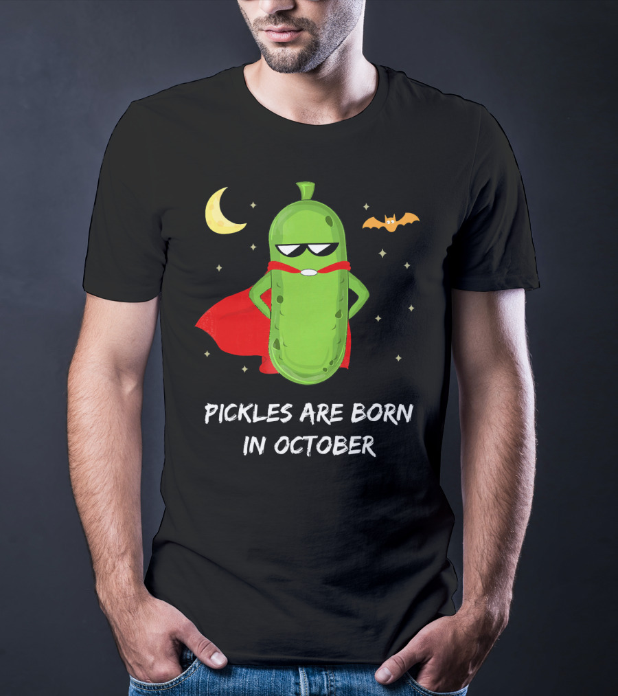 Superhero Pickles With Cape And Halloween Moon Born In October T-Shirt
