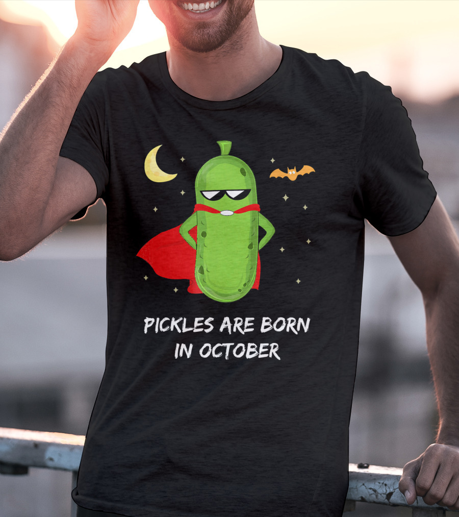 Superhero Pickles With Cape And Halloween Moon Born In October T-Shirt