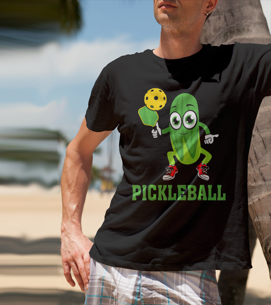 Pickle Character Playing Pickleball With Paddle And Ball T-Shirt