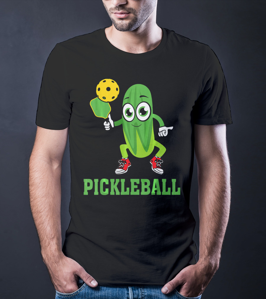 Pickle Character Playing Pickleball With Paddle And Ball T-Shirt