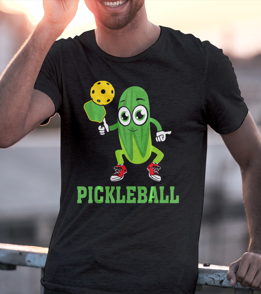 Pickle Character Playing Pickleball With Paddle And Ball T-Shirt