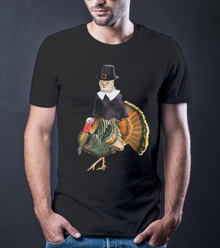 Cat In Pilgrim Outfit On Thanksgiving Turkey T-Shirt