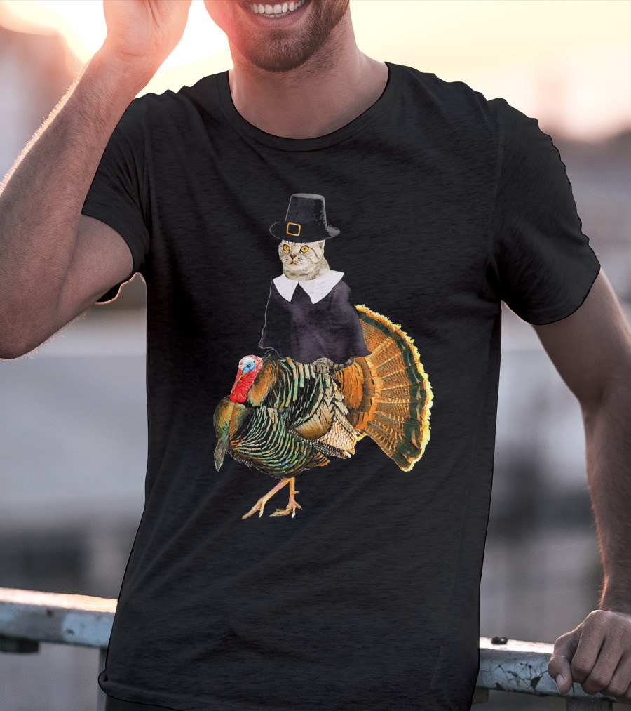 Cat In Pilgrim Outfit On Thanksgiving Turkey T-Shirt