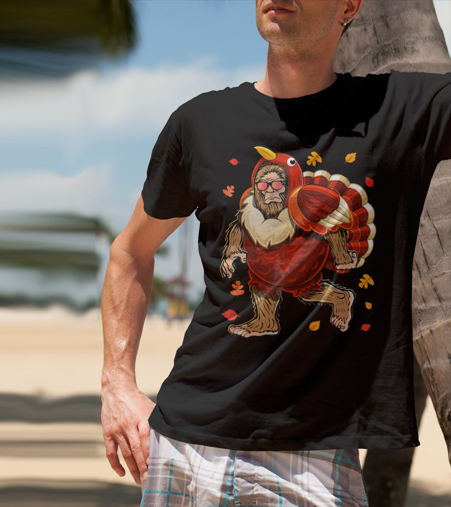 Thanksgiving Bigfoot Turkey Costume Fall Leaves T-Shirt