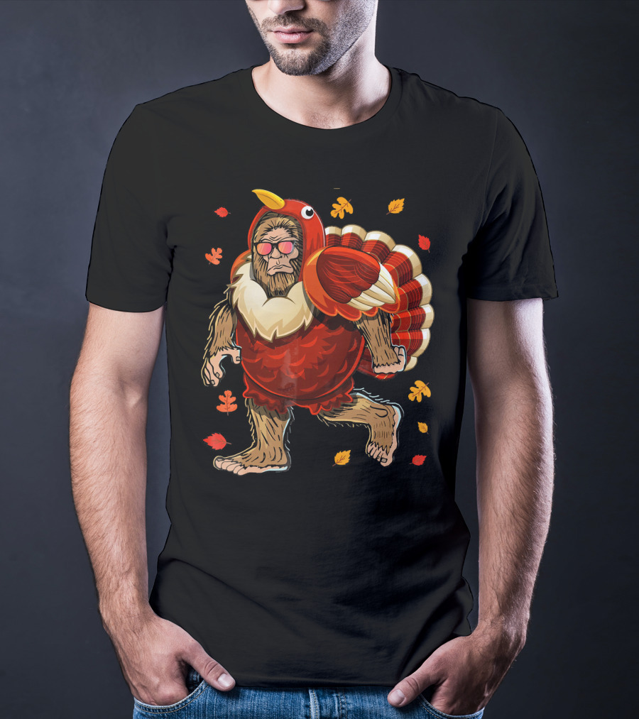 Thanksgiving Bigfoot Turkey Costume Fall Leaves T-Shirt