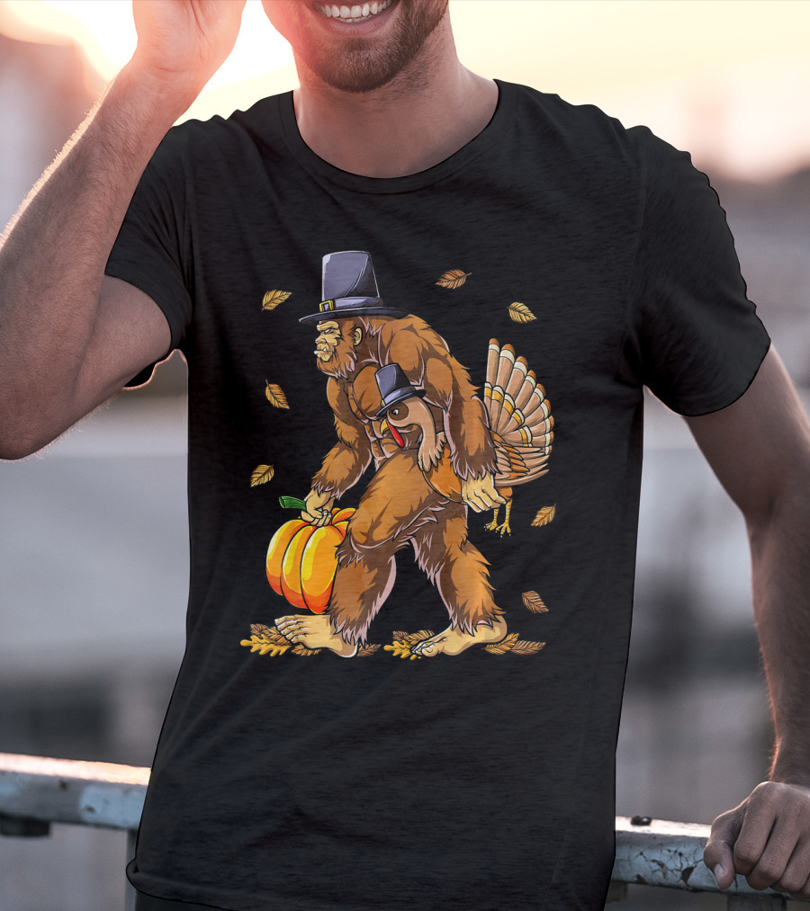 Bigfoot Pilgrim Turkey Carrying Pumpkin Thanksgiving T-Shirt