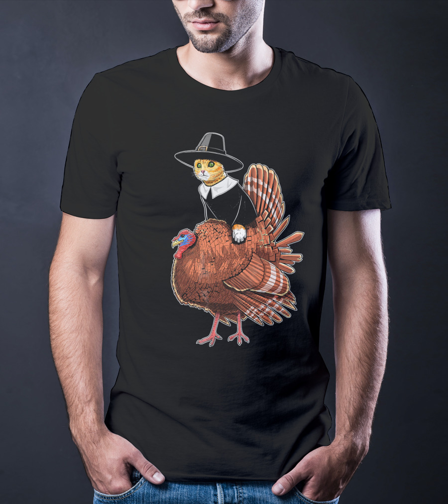 Thanksgiving Cat Dressed As Pilgrim Riding Turkey T-Shirt