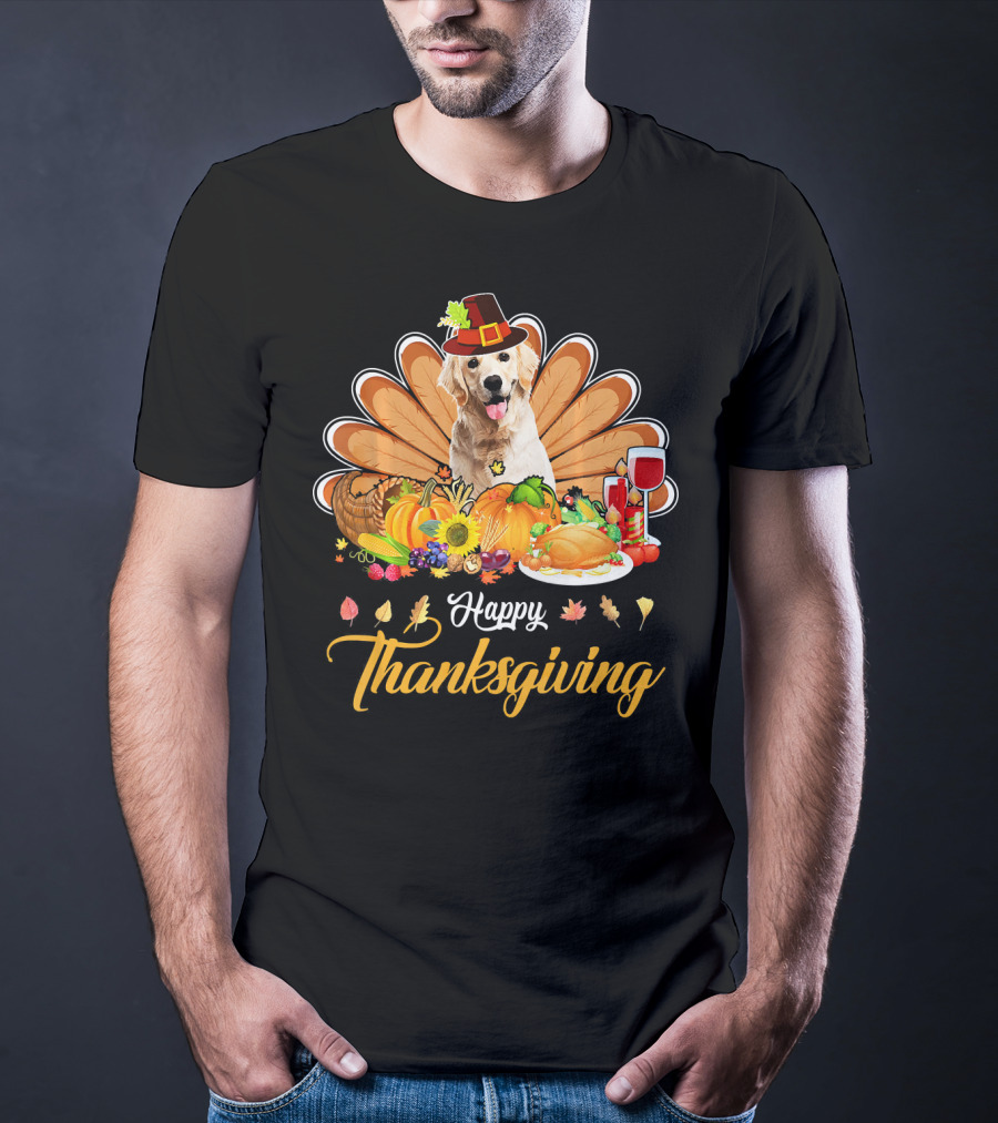 Happy Thanksgiving Golden Retriever Turkey Dish Wine T-Shirt