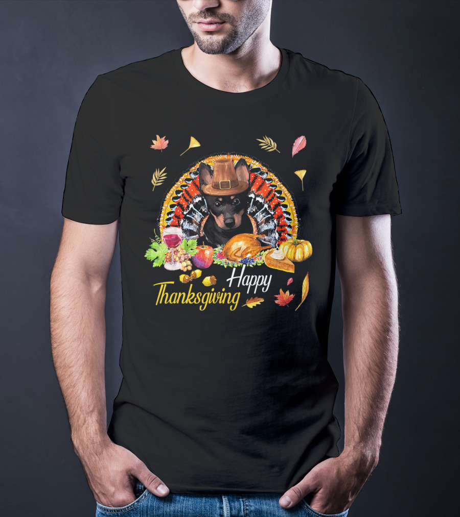 Happy Thanksgiving Heeler Dog With Feast And Autumn Leaves T-Shirt
