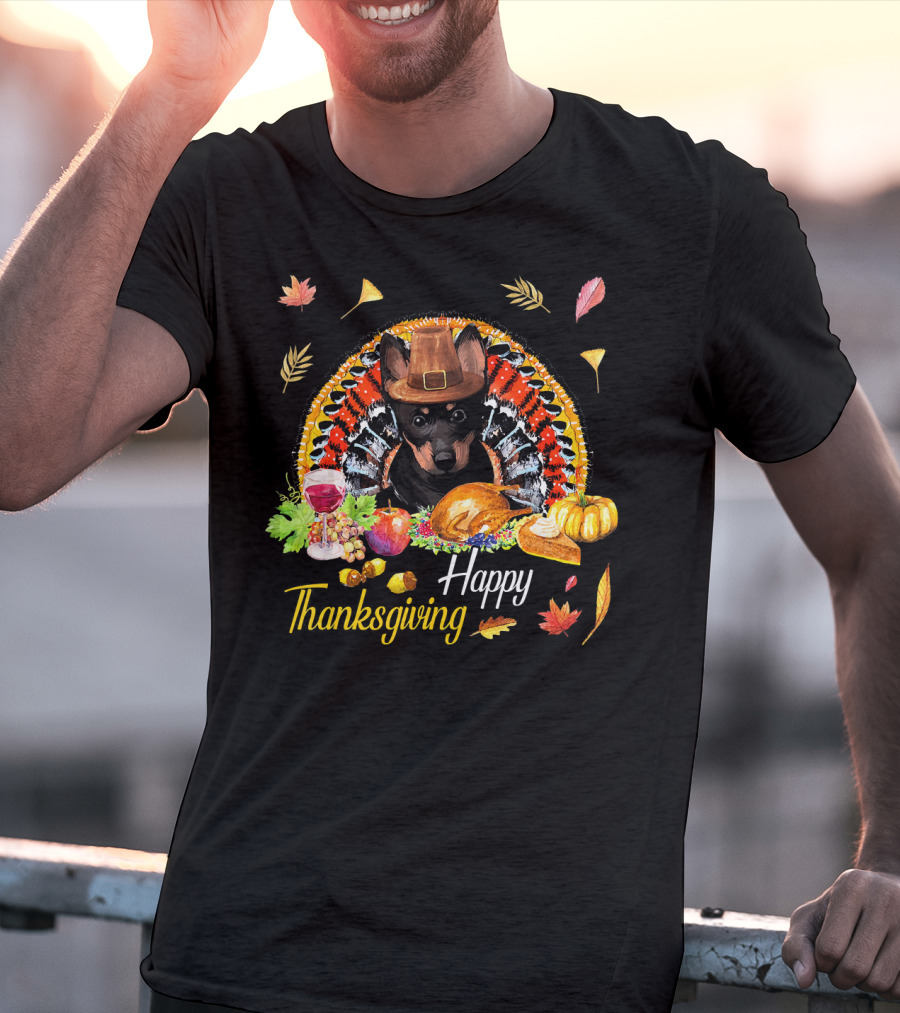 Happy Thanksgiving Heeler Dog With Feast And Autumn Leaves T-Shirt