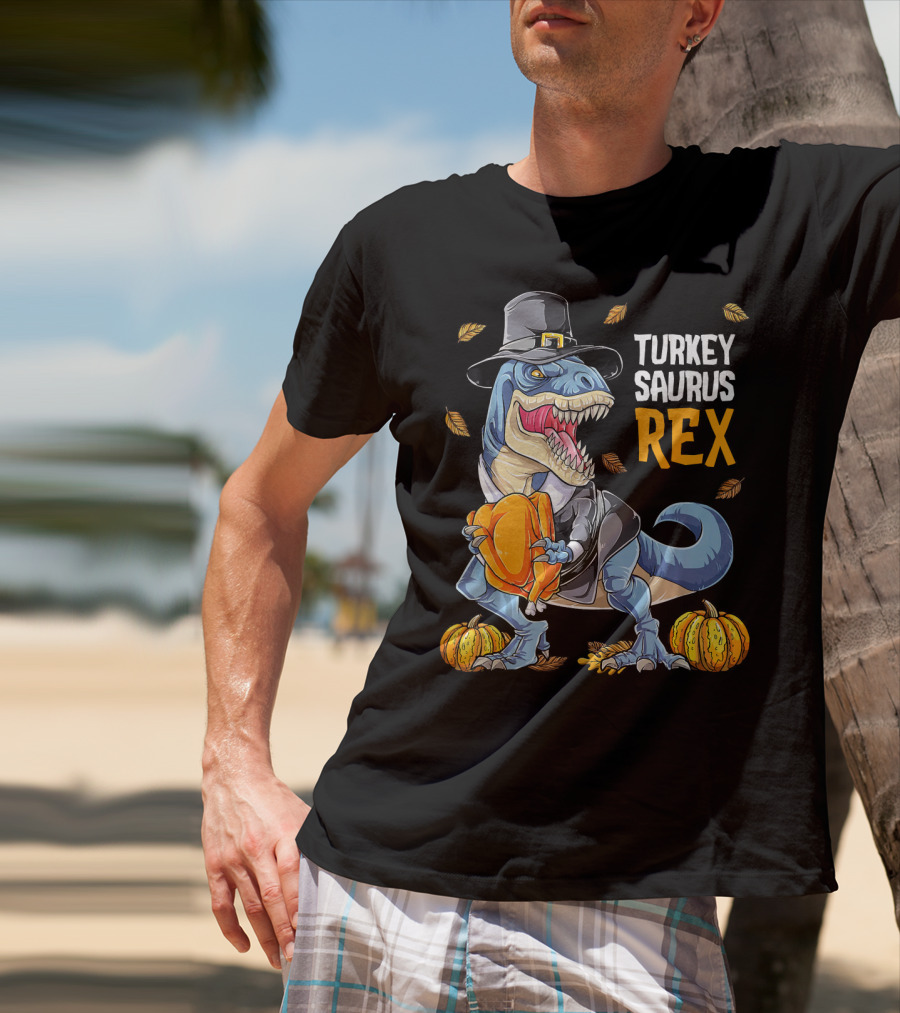 Turkey Saurus Rex Dinosaur Thanksgiving Boys Pilgrim Hat Pumpkin T-Shirt