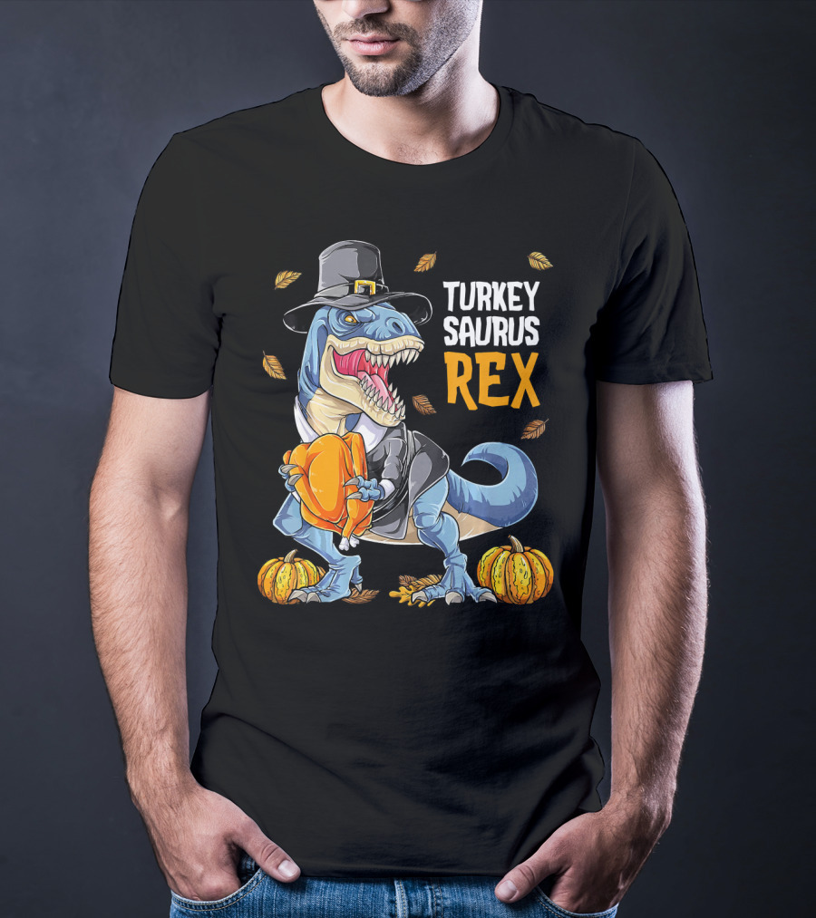 Turkey Saurus Rex Dinosaur Thanksgiving Boys Pilgrim Hat Pumpkin T-Shirt