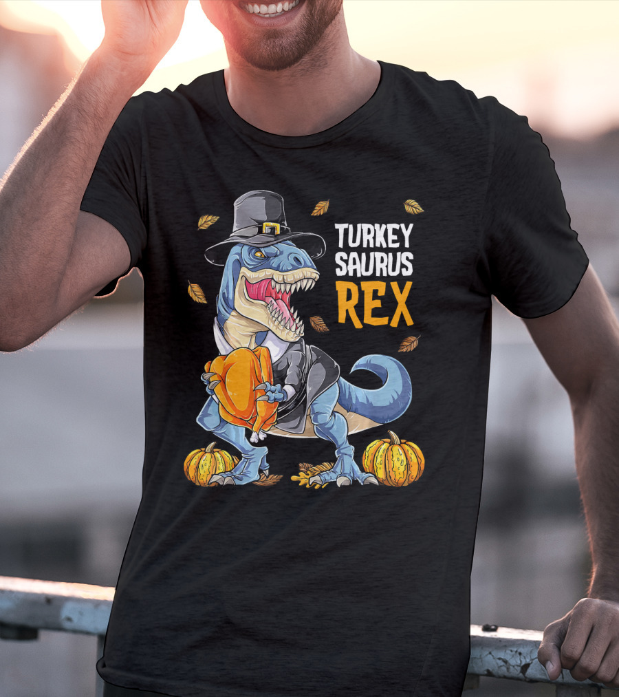 Turkey Saurus Rex Dinosaur Thanksgiving Boys Pilgrim Hat Pumpkin T-Shirt