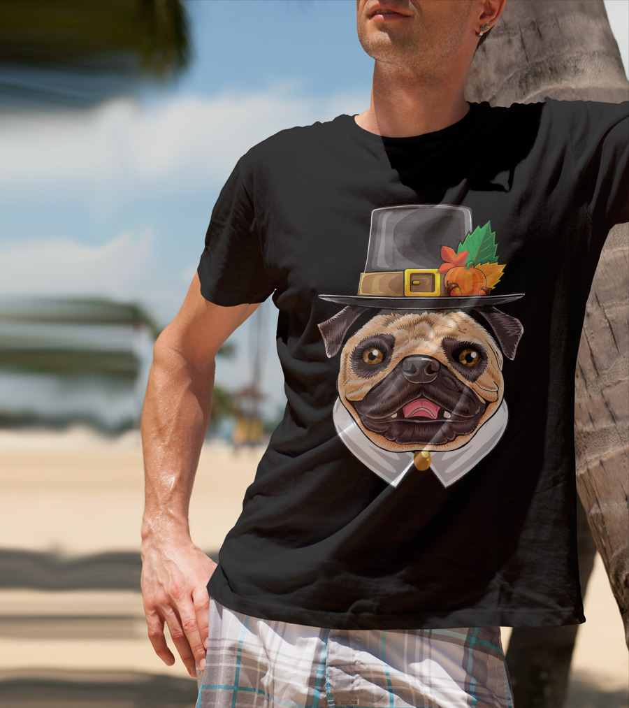 Thanksgiving Pug Pilgrim Hat With Pumpkin And Leaves T-Shirt