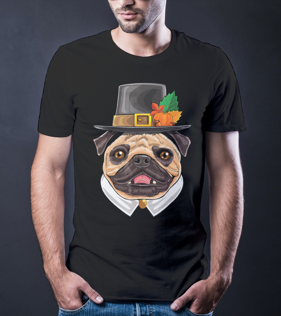 Thanksgiving Pug Pilgrim Hat With Pumpkin And Leaves T-Shirt