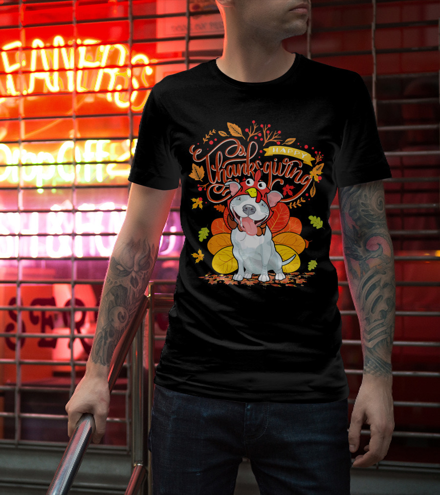 Happy Thanksgiving Pit Bull Wearing Turkey Hat Autumn Leaves T-Shirt