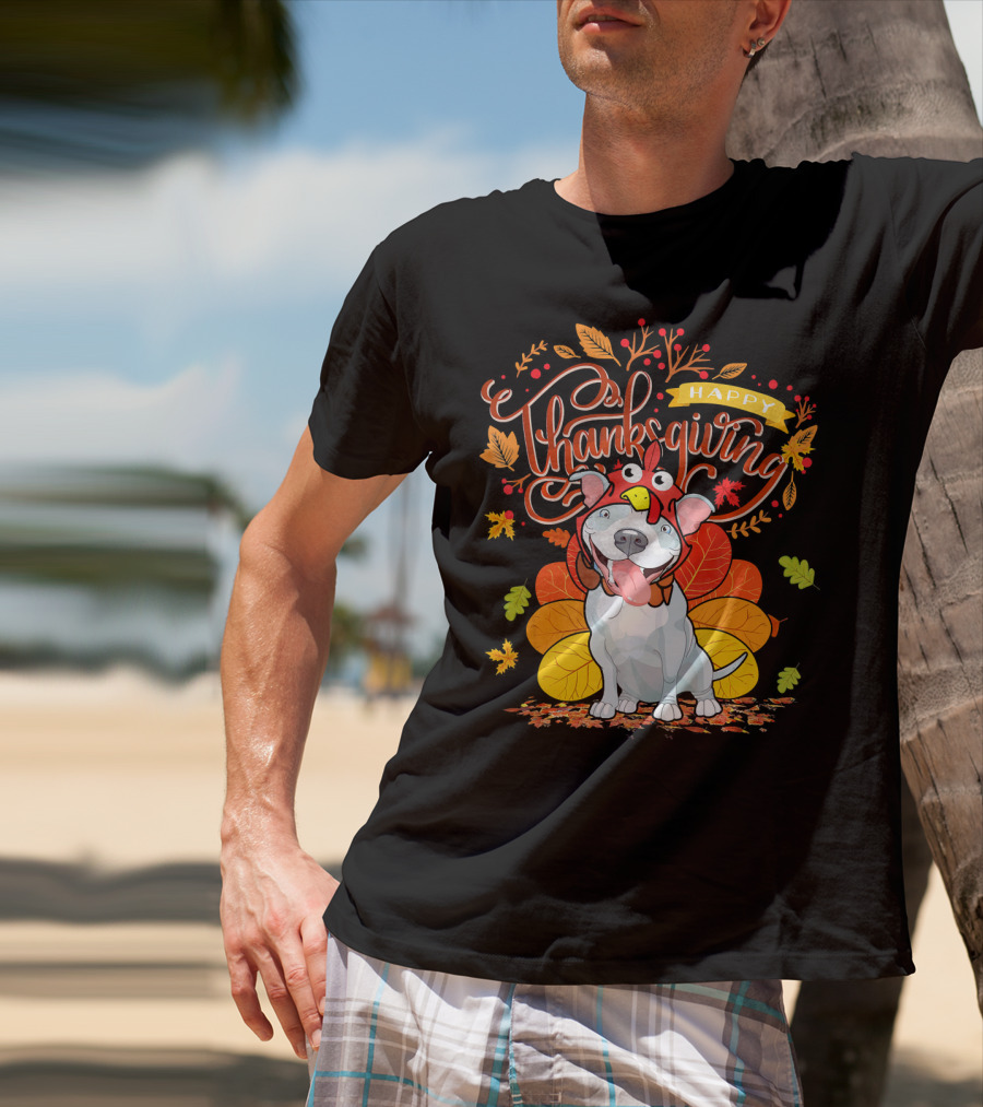 Happy Thanksgiving Pit Bull Wearing Turkey Hat Autumn Leaves T-Shirt