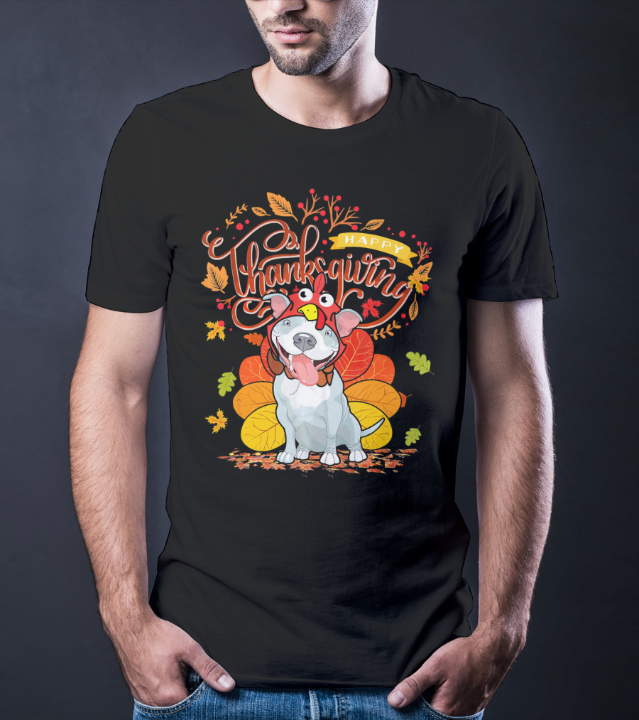 Happy Thanksgiving Pit Bull Wearing Turkey Hat Autumn Leaves T-Shirt